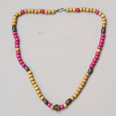 Alternate image for Fuchsia and Brown Sese Wood Beaded Necklace with Tigers Eye Fuchsia Confidence