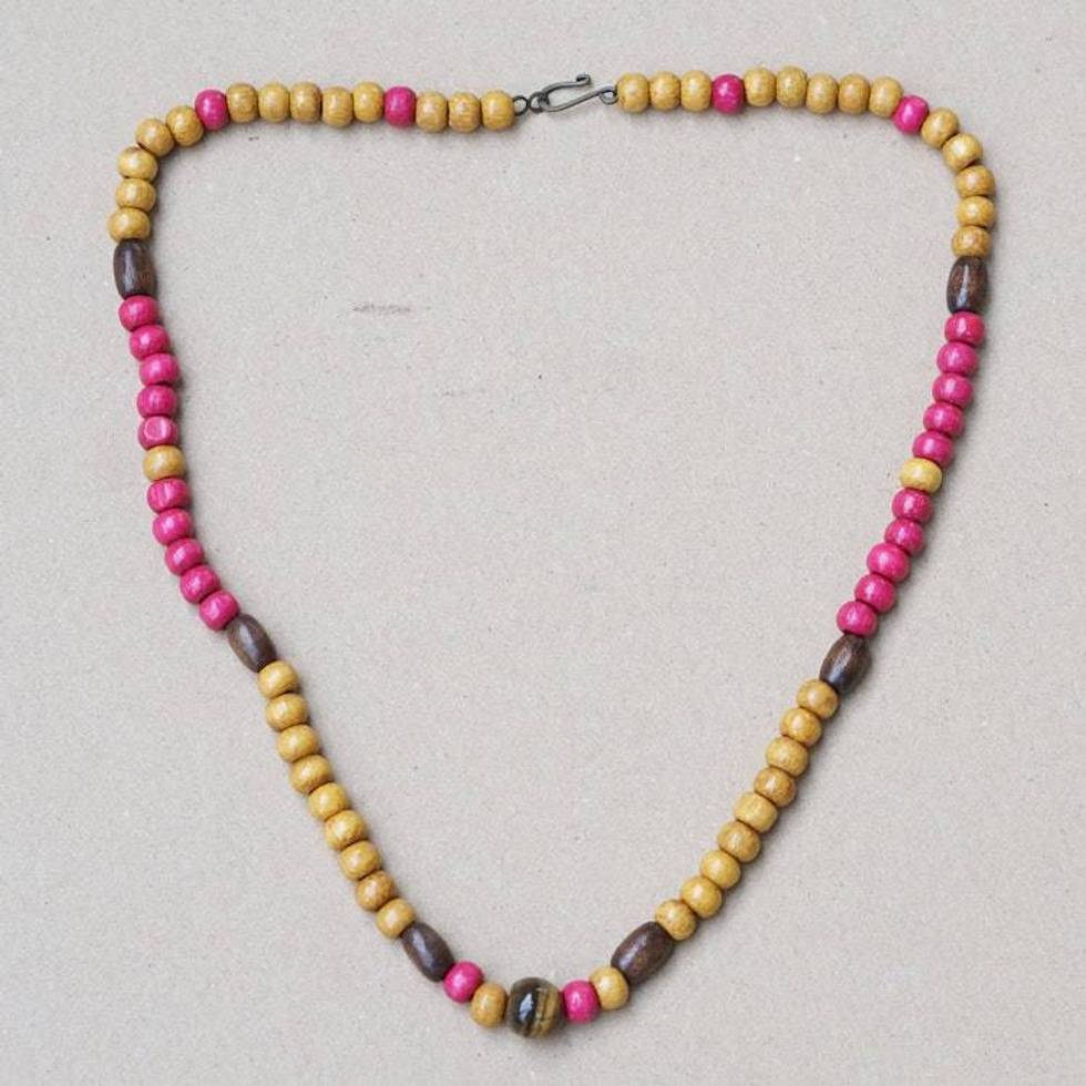 Fuchsia and Brown Sese Wood Beaded Necklace with Tiger's Eye 'Fuchsia Confidence'