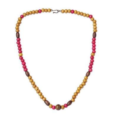 Alternate image for Fuchsia and Brown Sese Wood Beaded Necklace with Tigers Eye Fuchsia Confidence