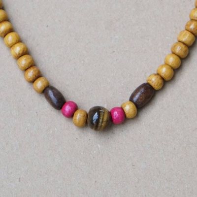 Alternate image for Fuchsia and Brown Sese Wood Beaded Necklace with Tigers Eye Fuchsia Confidence