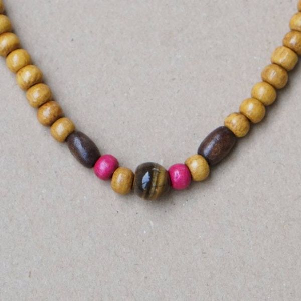 Alternate image for Fuchsia and Brown Sese Wood Beaded Necklace with Tigers Eye Fuchsia Confidence
