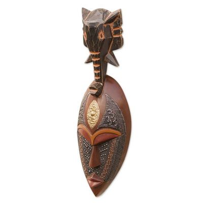Alternate image for Elephant-Themed African Sese Wood Mask in Black and Brown Elephant Ancestor