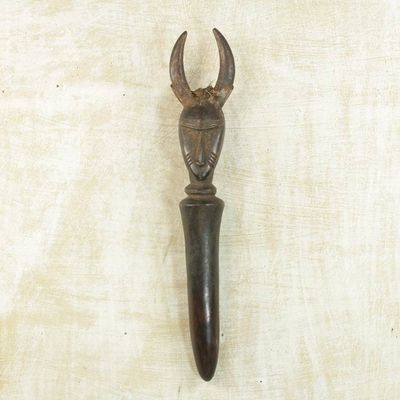 Alternate image for Hand Carved Baule Sese Wood Horned Mask Peg Wall Accent Horned Guardian