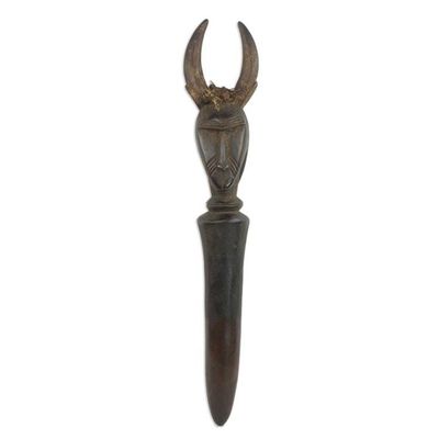 Alternate image for Hand Carved Baule Sese Wood Horned Mask Peg Wall Accent Horned Guardian