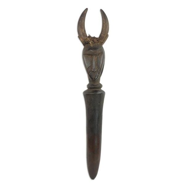 Alternate image for Hand Carved Baule Sese Wood Horned Mask Peg Wall Accent Horned Guardian