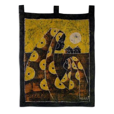Alternate image for Cotton Batik Mother and Child Wall Hanging Handmade in Ghana Mothers Care in Yellow