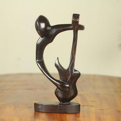 Alternate image for Hand Carved Teak Modern African Music Theme Sculpture Bass Guitar Man
