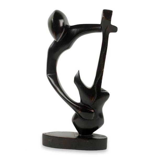 Alternate image for Hand Carved Teak Modern African Music Theme Sculpture Bass Guitar Man