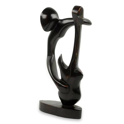 Alternate image for Hand Carved Teak Modern African Music Theme Sculpture Bass Guitar Man