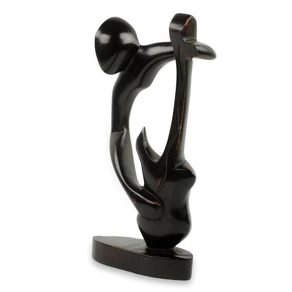 Alternate image for Hand Carved Teak Modern African Music Theme Sculpture Bass Guitar Man