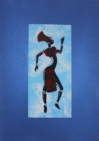 Alternate image for Painting of a Dancing Woman in a Red Cotton Dress from Ghana Kpanlogo Dance II