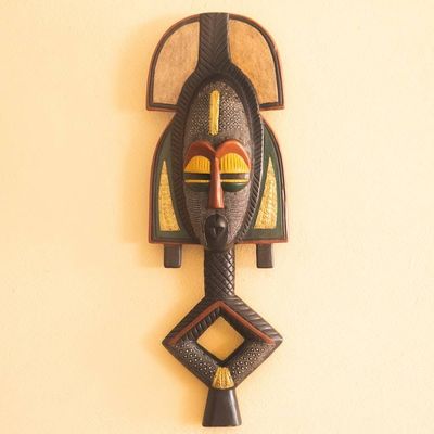 Alternate image for Hand-Carved Painted Wood Brass Aluminum African Wall Mask King of Wisdom
