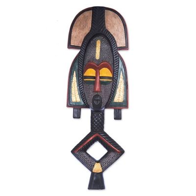 Alternate image for Hand-Carved Painted Wood Brass Aluminum African Wall Mask King of Wisdom