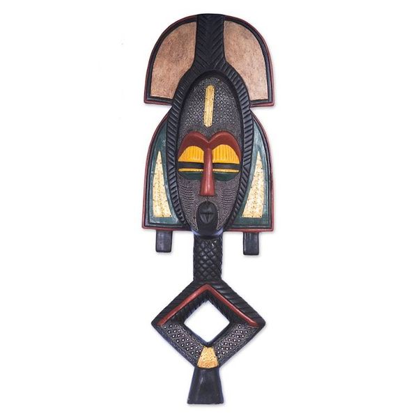 Alternate image for Hand-Carved Painted Wood Brass Aluminum African Wall Mask King of Wisdom