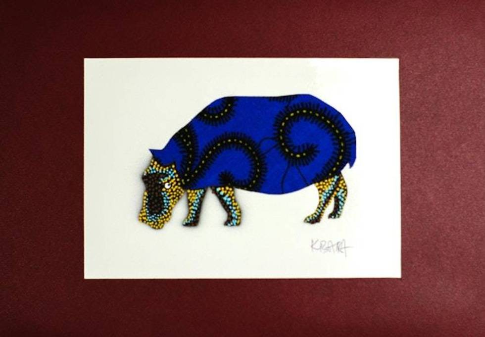 Signed Hippo Painting with Printed Cotton in Blue from Ghana 'Hippopotamus Blue'