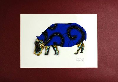 Alternate image for Signed Hippo Painting with Printed Cotton in Blue from Ghana Hippopotamus Blue