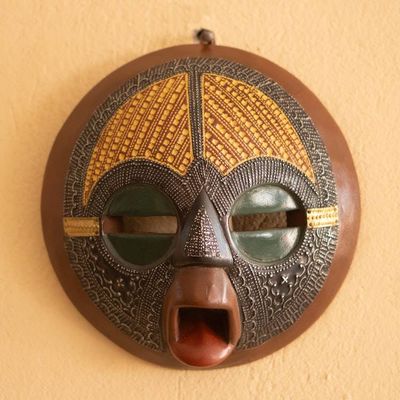Alternate image for African Wood Wall Mask with Embossed Brass Aluminum Motifs Round Fusion