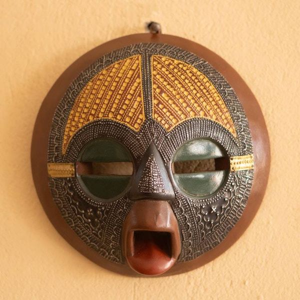 Alternate image for African Wood Wall Mask with Embossed Brass Aluminum Motifs Round Fusion
