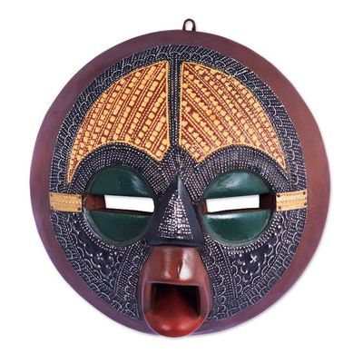 Alternate image for African Wood Wall Mask with Embossed Brass Aluminum Motifs Round Fusion