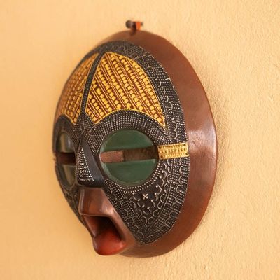 Alternate image for African Wood Wall Mask with Embossed Brass Aluminum Motifs Round Fusion
