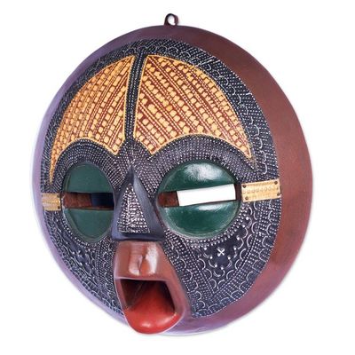 Alternate image for African Wood Wall Mask with Embossed Brass Aluminum Motifs Round Fusion
