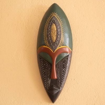 Alternate image for Elongated Wood and Embossed Brass Aluminum African Wall Mask Face of Favor II