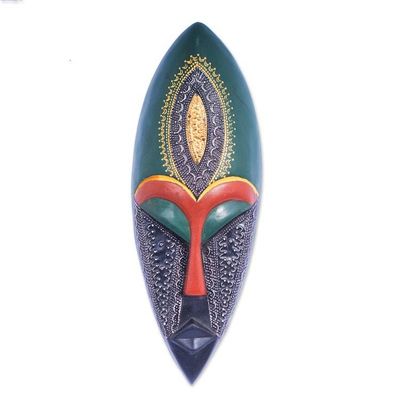 Alternate image for Elongated Wood and Embossed Brass Aluminum African Wall Mask Face of Favor II