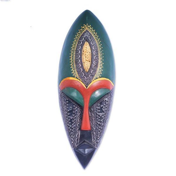 Alternate image for Elongated Wood and Embossed Brass Aluminum African Wall Mask Face of Favor II