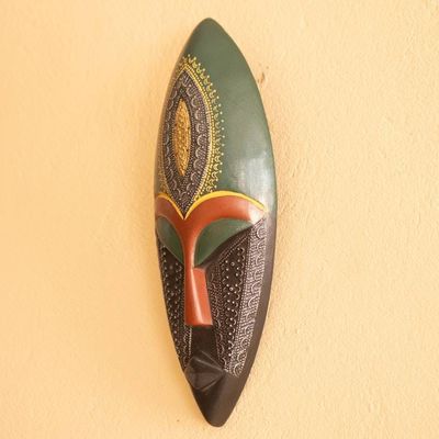 Alternate image for Elongated Wood and Embossed Brass Aluminum African Wall Mask Face of Favor II