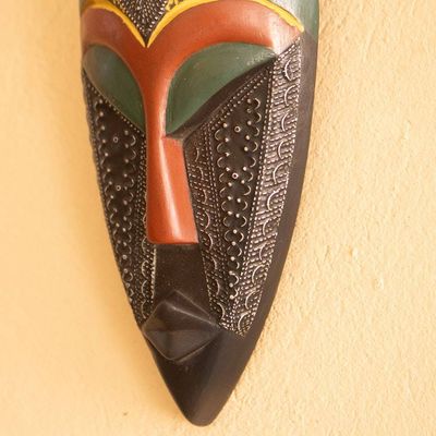 Alternate image for Elongated Wood and Embossed Brass Aluminum African Wall Mask Face of Favor II