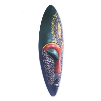 Alternate image for Elongated Wood and Embossed Brass Aluminum African Wall Mask Face of Favor II