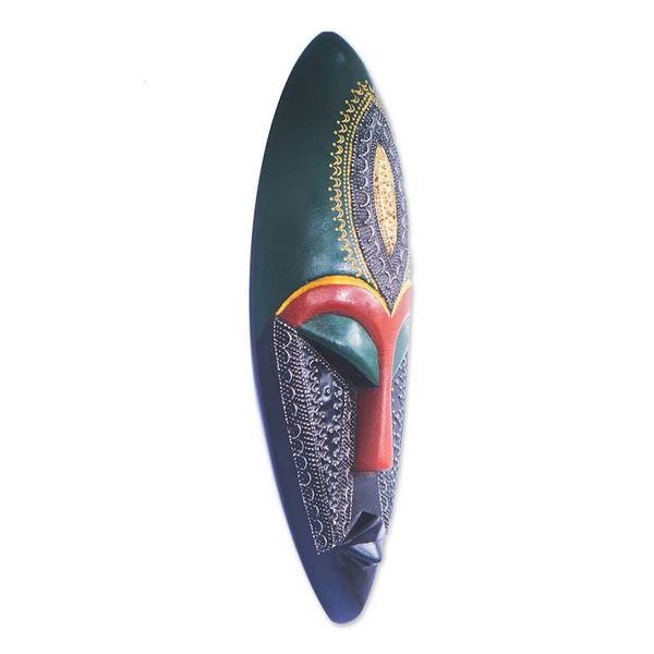 Alternate image for Elongated Wood and Embossed Brass Aluminum African Wall Mask Face of Favor II