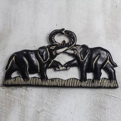 Alternate image for Elephant-Themed Sese Wood Wall Sculpture from Ghana Elephant Fight