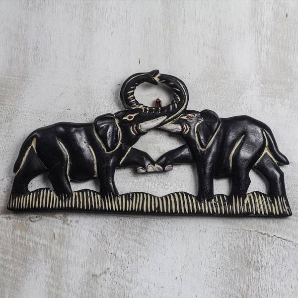 Alternate image for Elephant-Themed Sese Wood Wall Sculpture from Ghana Elephant Fight