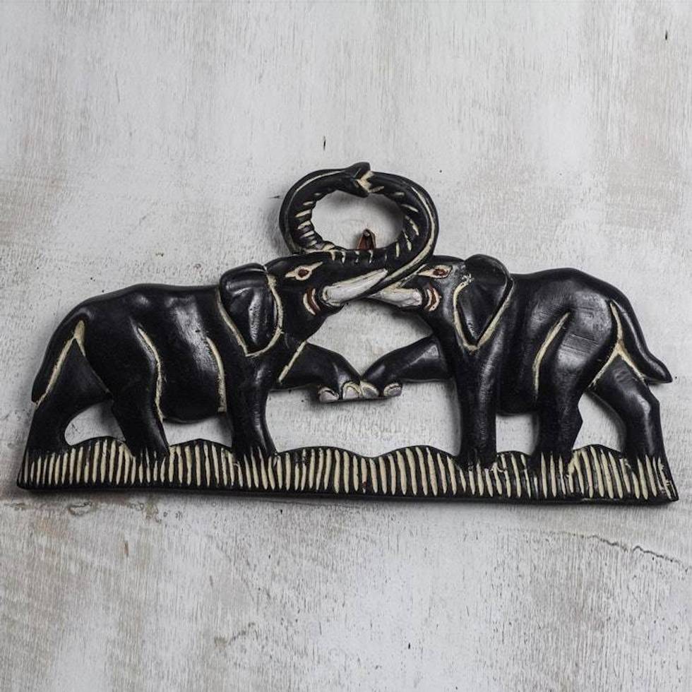 Elephant-Themed Sese Wood Wall Sculpture from Ghana 'Elephant Fight'