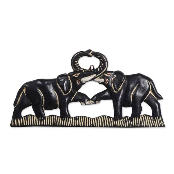 Alternate image for Elephant-Themed Sese Wood Wall Sculpture from Ghana Elephant Fight