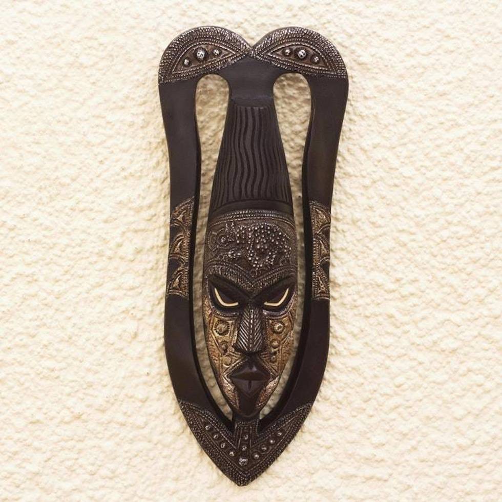 African Sese Wood and Aluminum Plated Mask 'Love Each Other'