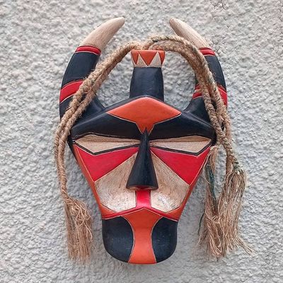 Alternate image for Traditional Hand-Painted Red and Black African Wood Mask Senufo Glory