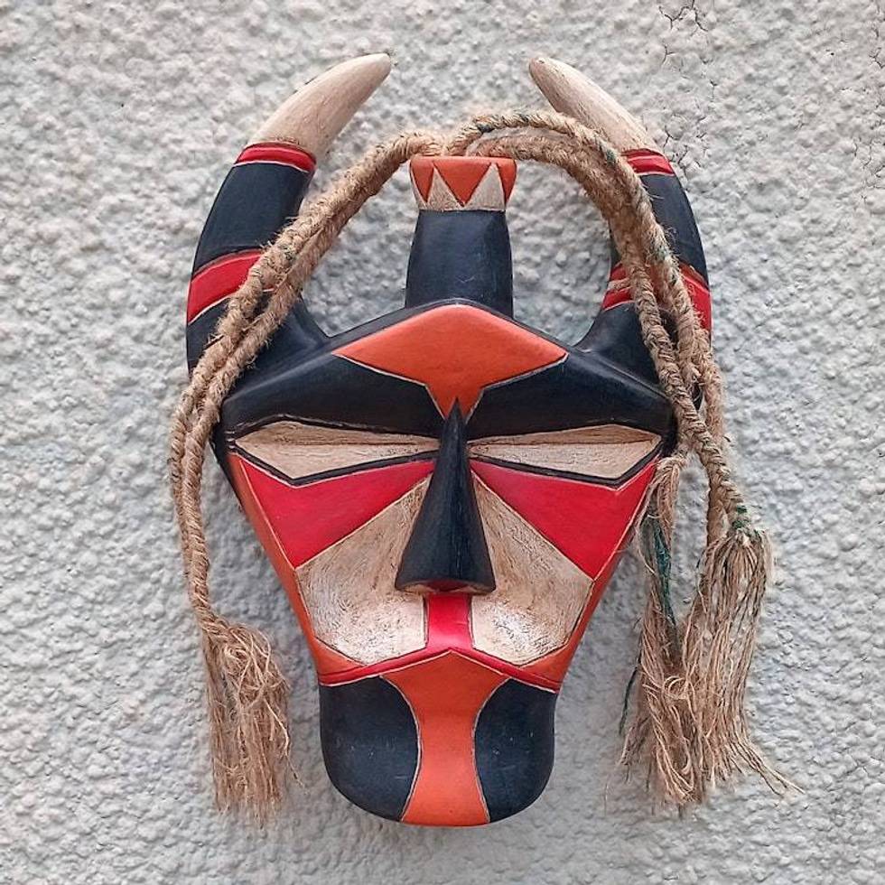 Traditional Hand-Painted Red and Black African Wood Mask 'Senufo Glory'