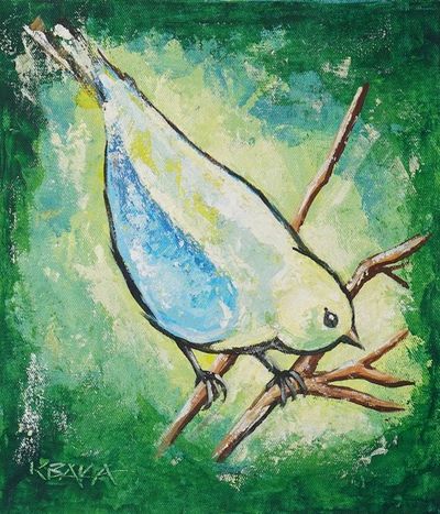 Alternate image for Acrylic Impressionist Bird Painting in a Cool Color Scheme Yellow Bird II