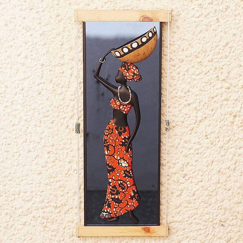 Orange Gourd and Glass Wall Art of Daydreaming Woman 'Hopeful Goddess'