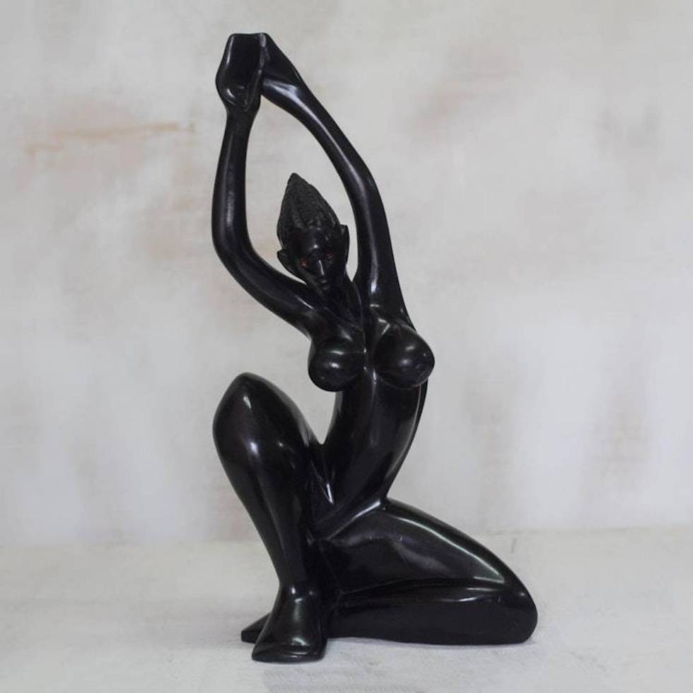 Hand-Carved wood Sculpture of a Woman Stretching from Ghana 'Happy Stretch'