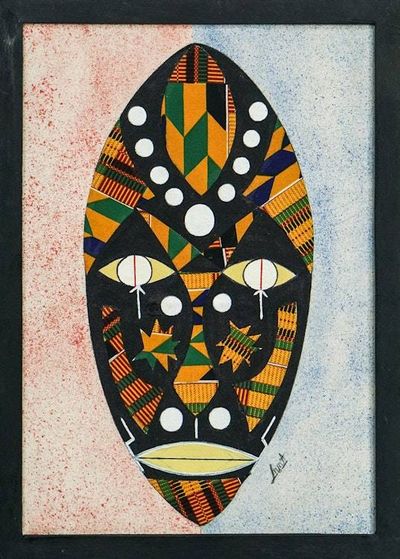 Alternate image for Signed African Mask Cotton Batik Wall Art from Ghana Festive Face