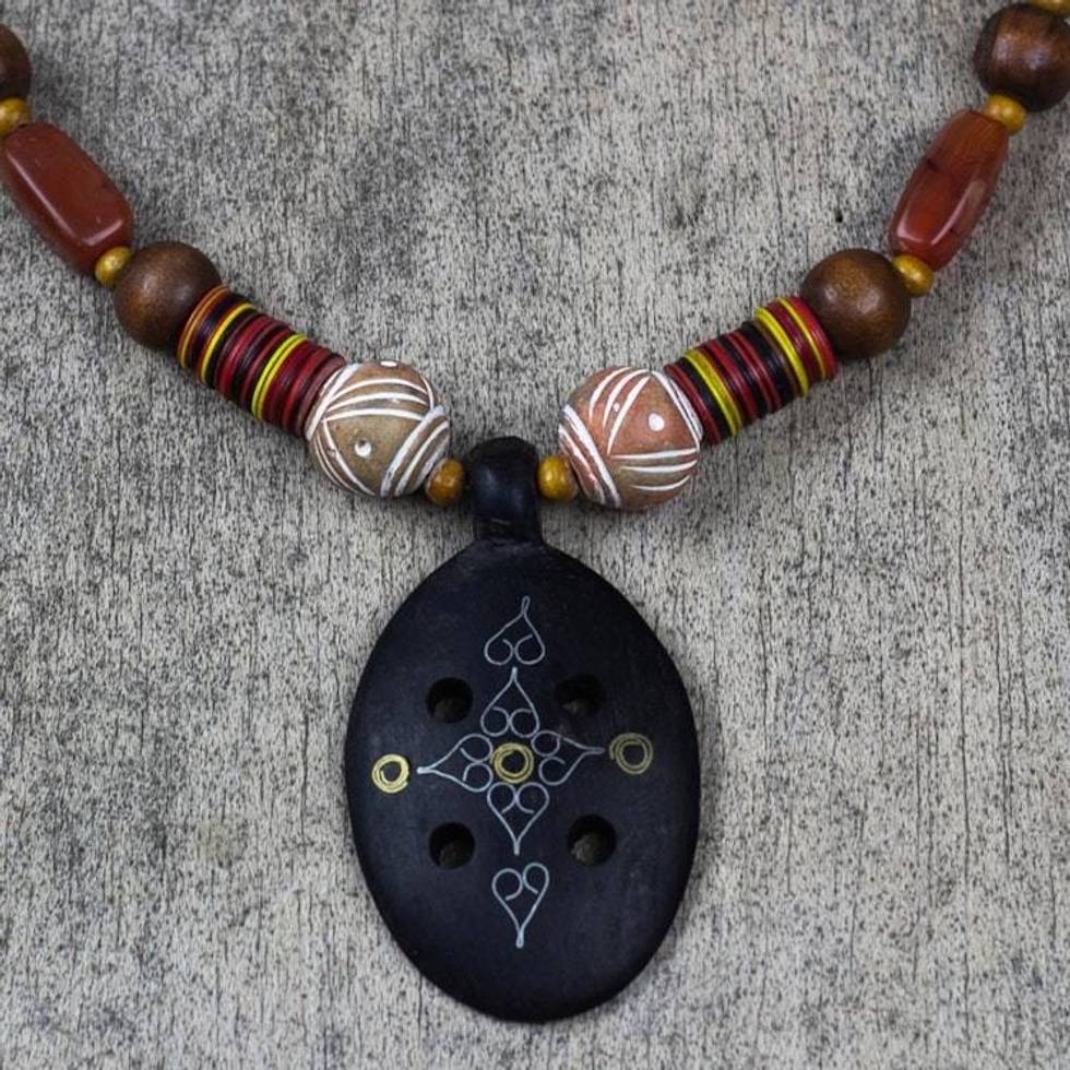 Handcrafted African Wood and Agate Necklace 'Mossi Womanhood'