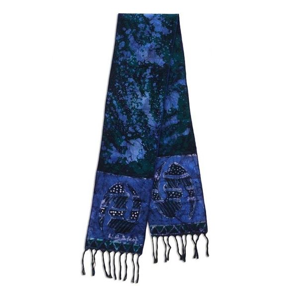 Alternate image for Handcrafted Signed Blue Batik Adinkra Scarf from Ghana Blue Gye Nyame