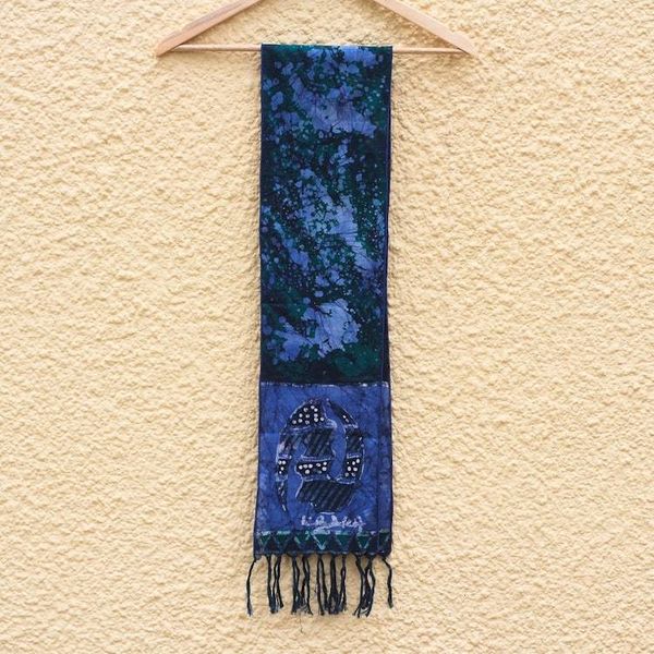 Alternate image for Handcrafted Signed Blue Batik Adinkra Scarf from Ghana Blue Gye Nyame