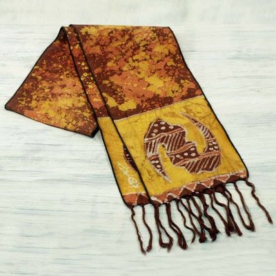 Alternate image for Signed Ghanaian Batik Adinkra Scarf in Brown and Gold Golden Gye Nyame