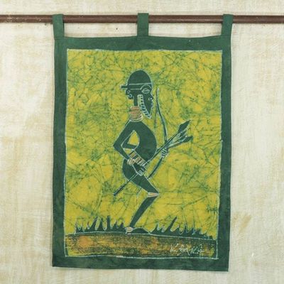 Alternate image for Batik Cotton Wall Hanging of an African Hunter in Moss Mystic Mamfe Hunter in Moss