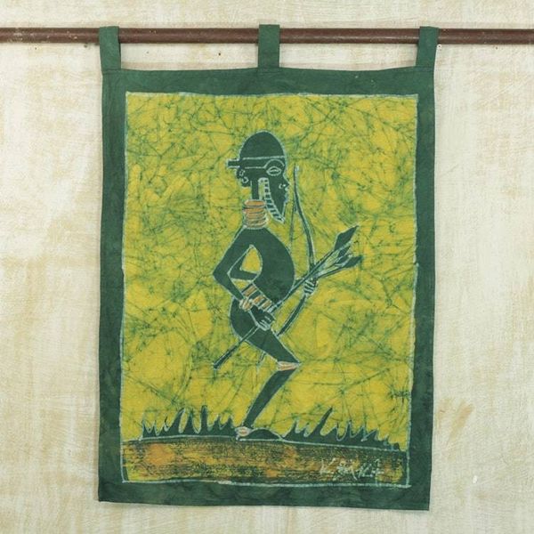 Alternate image for Batik Cotton Wall Hanging of an African Hunter in Moss Mystic Mamfe Hunter in Moss