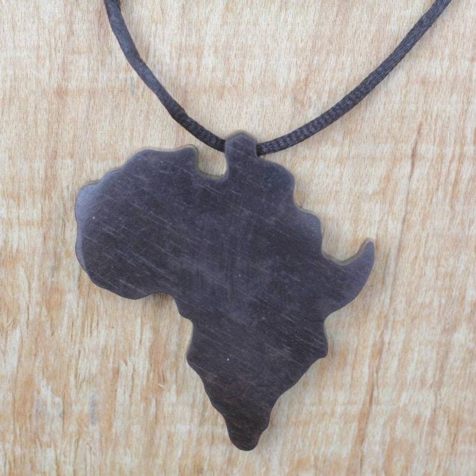 Ebony Wood African Continent Pendant Necklace from Ghana 'African Continent'